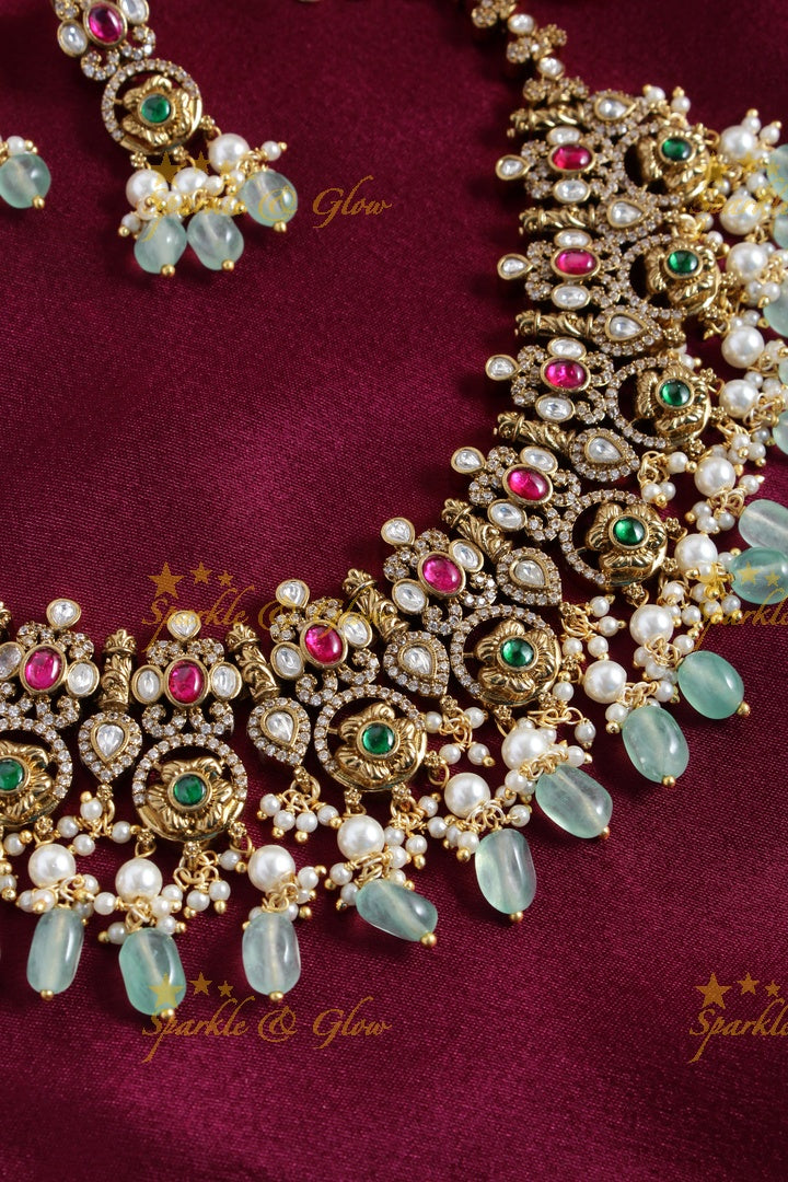 Antique short victorian floral bead necklace - Multi