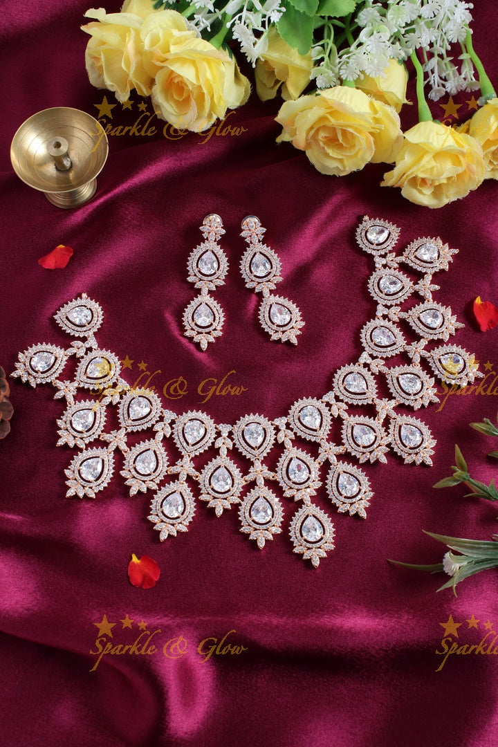 Beautiful tear drop design rose gold AD necklace - White
