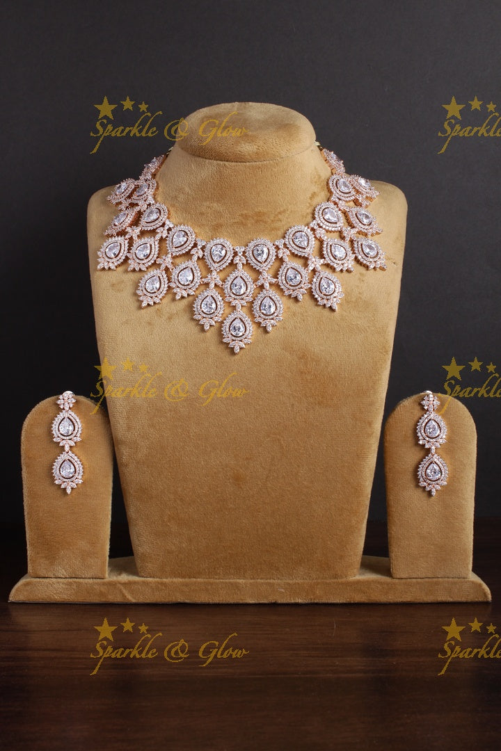 Beautiful tear drop design rose gold AD necklace - White