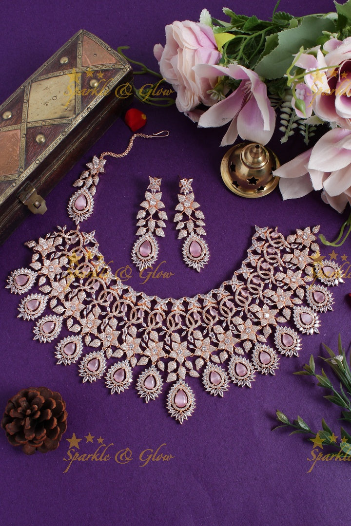 Beautiful floral leaf design oval stone rose gold AD necklace - Pink