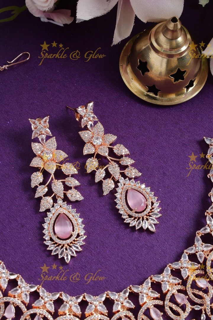 Beautiful floral leaf design oval stone rose gold AD necklace - Pink