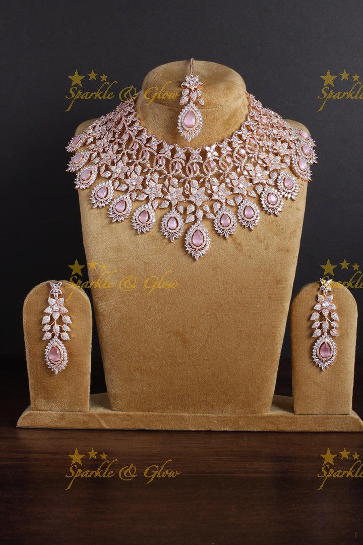Beautiful floral leaf design oval stone rose gold AD necklace - Pink