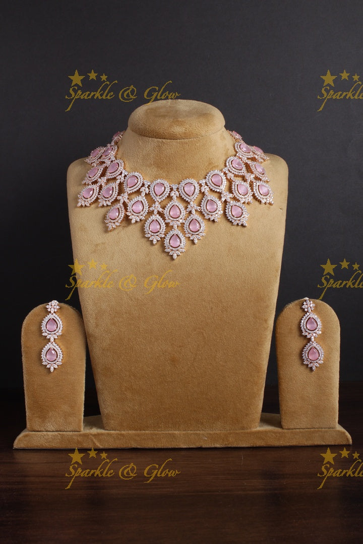 Beautiful tear drop design rose gold AD necklace - Light Pink