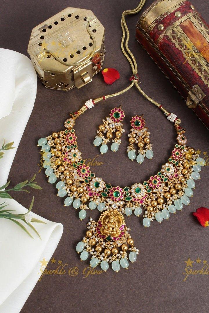 Gheru gold floral jadau Lakshmi carved beads necklace - Sparkle and Glow