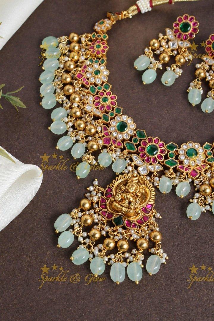 Gheru gold floral jadau Lakshmi carved beads necklace - Sparkle and Glow