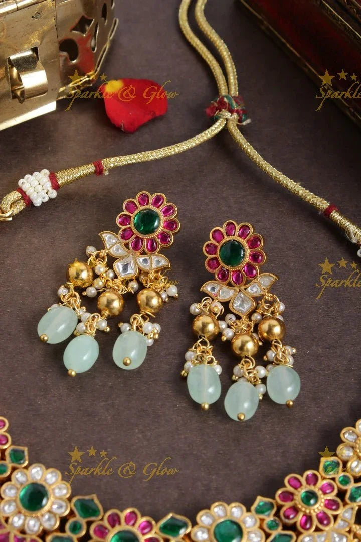 Gheru gold floral jadau Lakshmi carved beads necklace - Sparkle and Glow