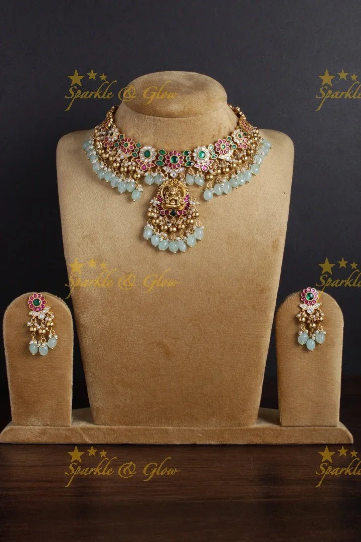 Gheru gold floral jadau Lakshmi carved beads necklace - Sparkle and Glow