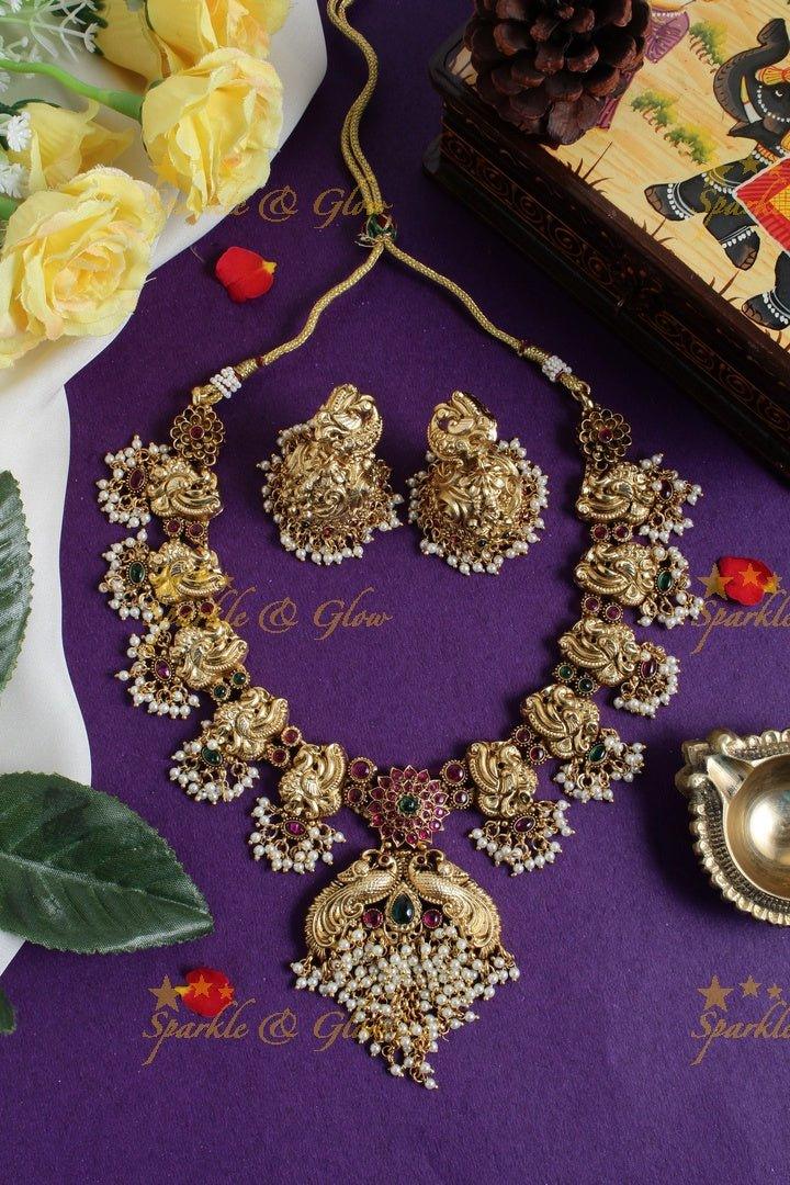 Gold alike peacock floral carved pearl beads necklace - Sparkle and Glow