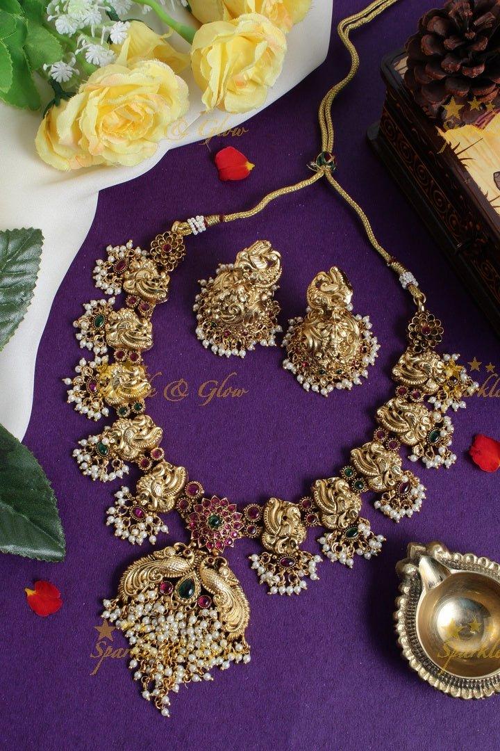 Gold alike peacock floral carved pearl beads necklace - Sparkle and Glow