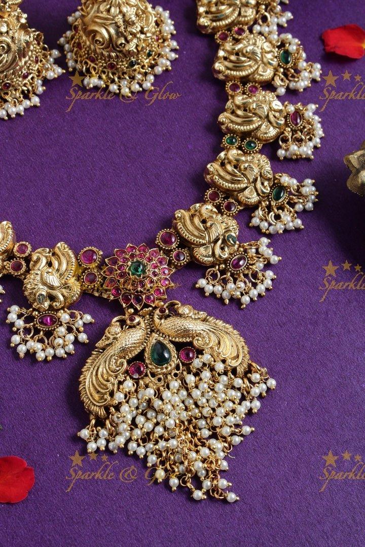 Gold alike peacock floral carved pearl beads necklace - Sparkle and Glow