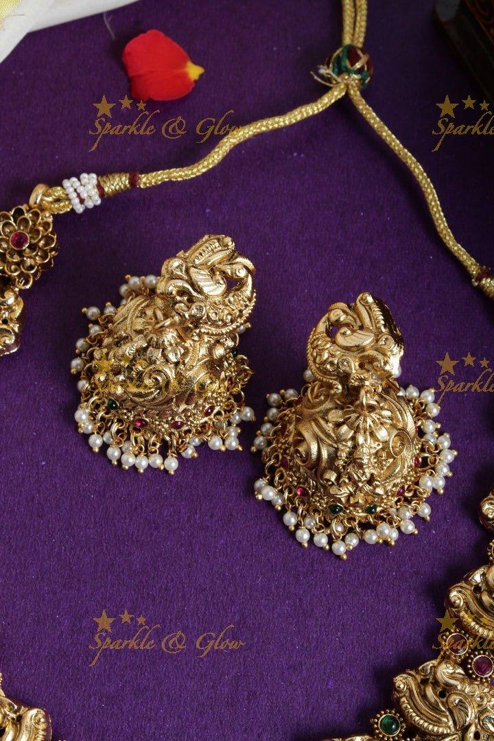 Gold alike peacock floral carved pearl beads necklace - Sparkle and Glow