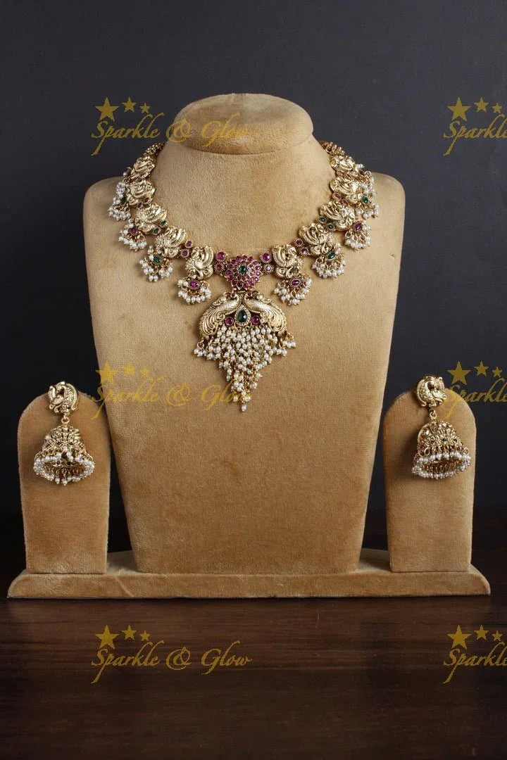 Gold alike peacock floral carved pearl beads necklace - Sparkle and Glow