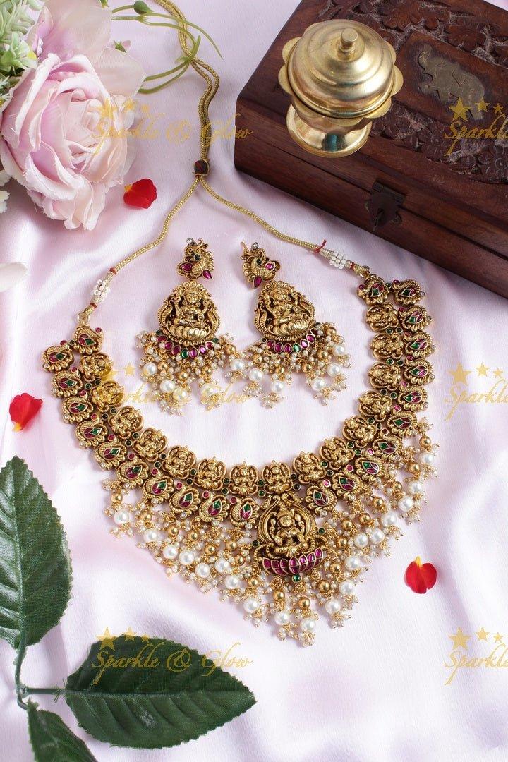 Gold alike peacock Lakshmi carved pearl beads necklace - Sparkle and Glow