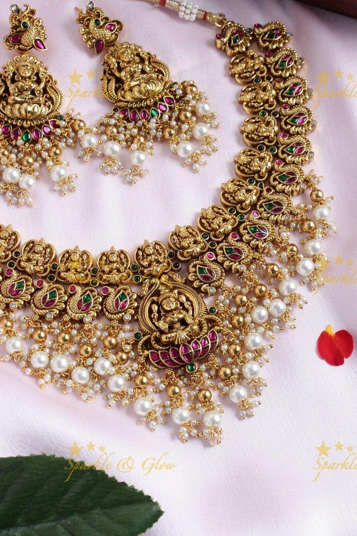 Gold alike peacock Lakshmi carved pearl beads necklace - Sparkle and Glow