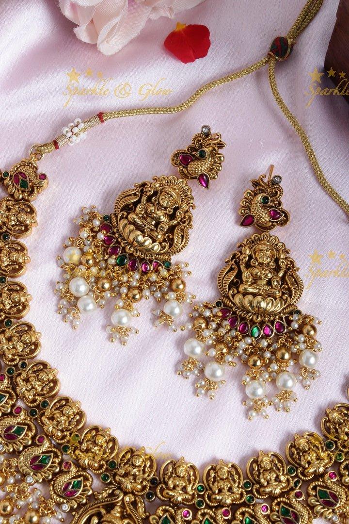Gold alike peacock Lakshmi carved pearl beads necklace - Sparkle and Glow