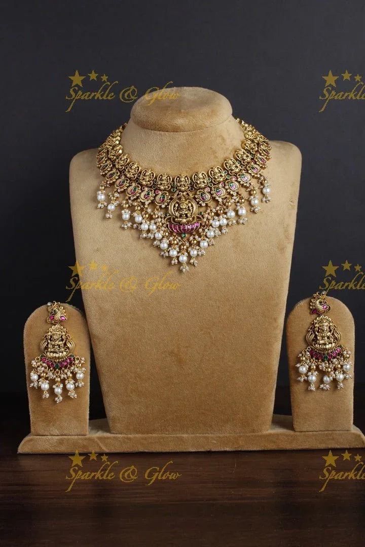 Gold alike peacock Lakshmi carved pearl beads necklace - Sparkle and Glow