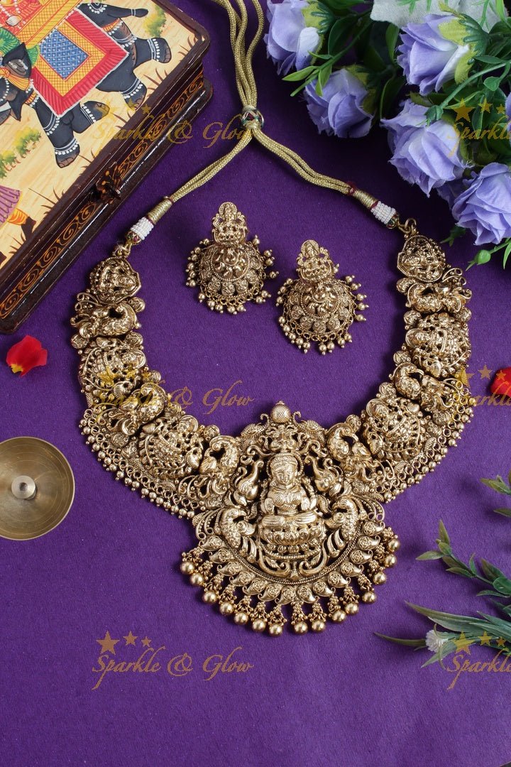 Exclusively carved Lakshmi peacock elephant gold beads necklace - Sparkle and Glow - Back Thread - 