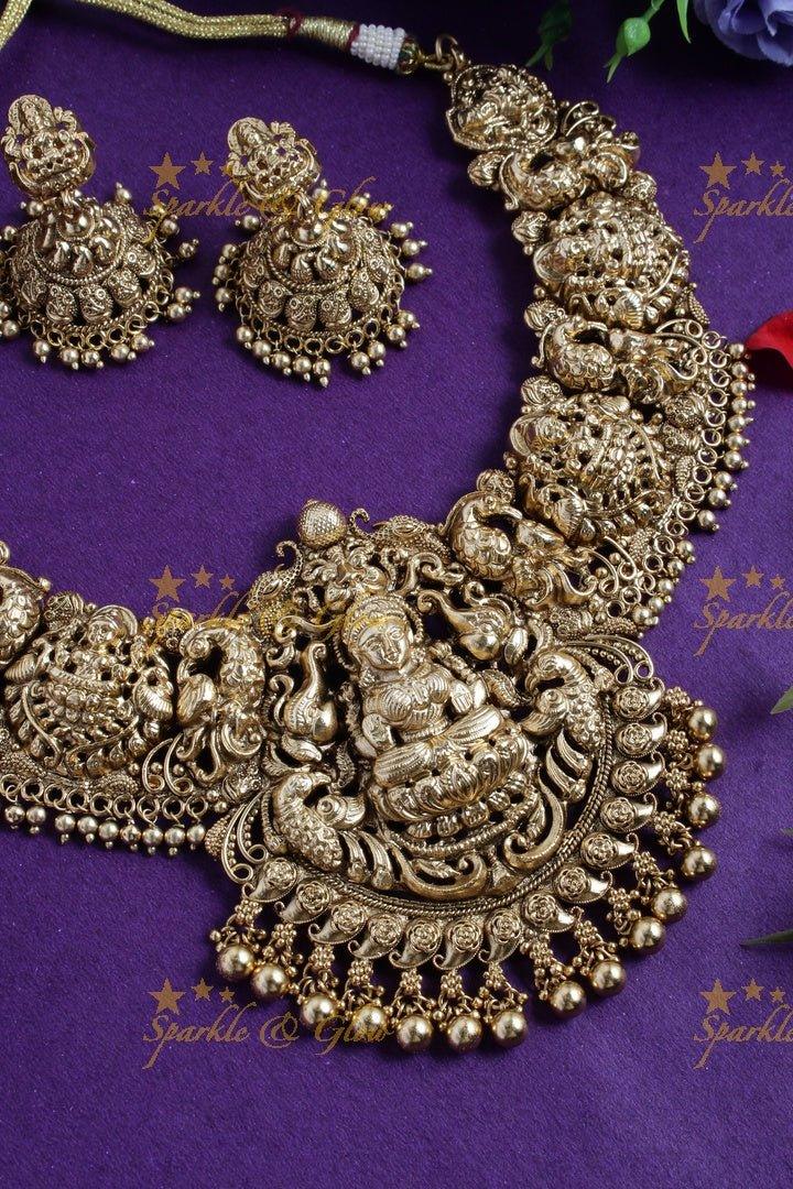 Exclusively carved Lakshmi peacock elephant gold beads necklace - Sparkle and Glow