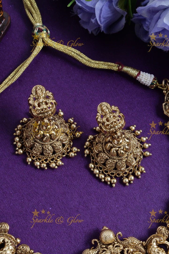 Exclusively carved Lakshmi peacock elephant gold beads necklace - Sparkle and Glow - Back Thread - 