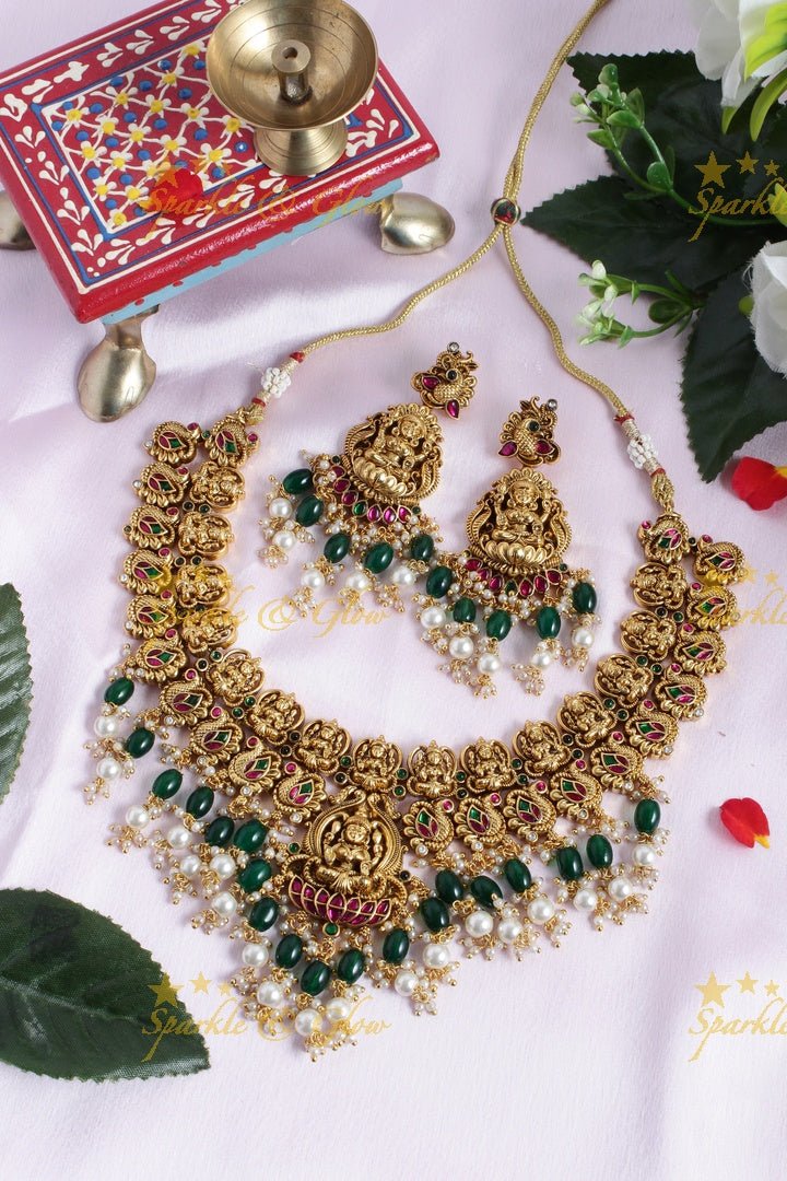 Gold alike peacock Lakshmi carved green beads necklace - Sparkle and Glow - Back Thread - 