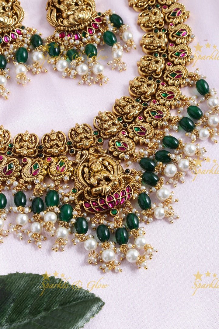 Gold alike peacock Lakshmi carved green beads necklace - Sparkle and Glow - Back Thread - 
