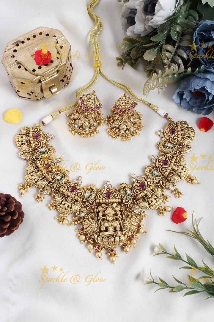 Stunning Lakshmi peacock elephant carved gold beads necklace - Sparkle and Glow - Back Thread - 