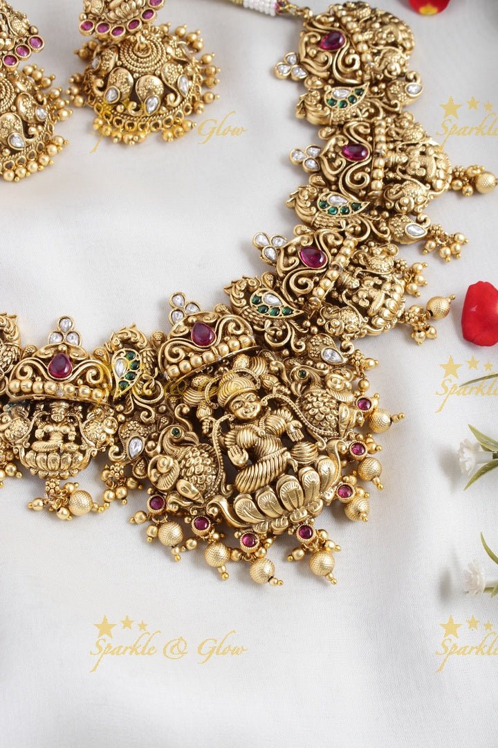 Stunning Lakshmi peacock elephant carved gold beads necklace - Sparkle and Glow - Back Thread - 