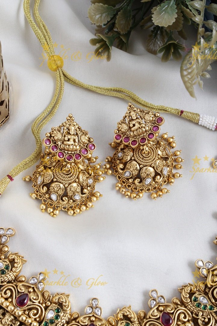 Stunning Lakshmi peacock elephant carved gold beads necklace - Sparkle and Glow - Back Thread - 