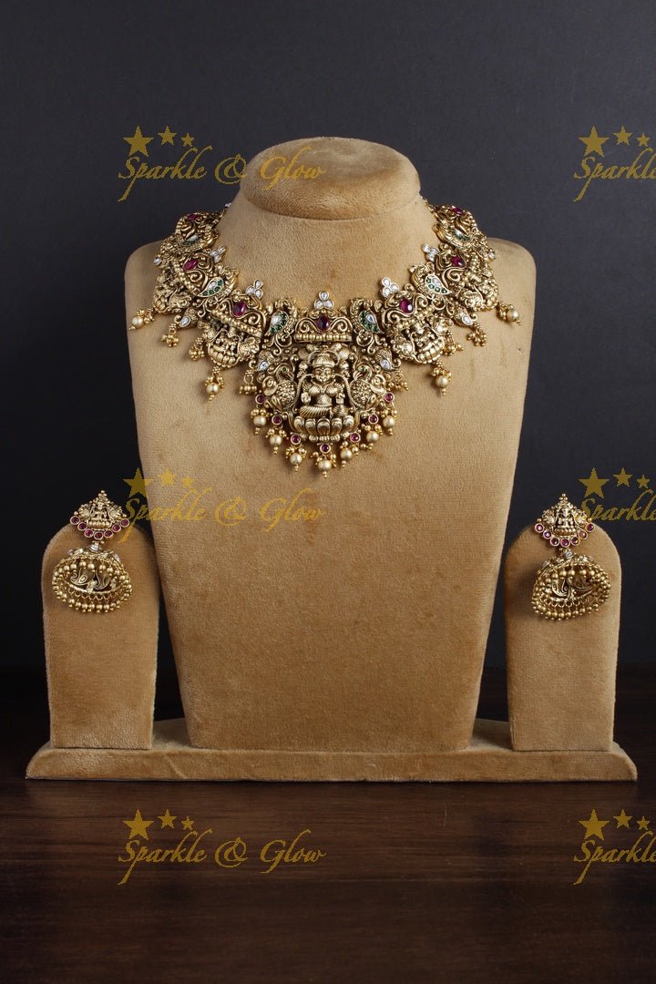 Stunning Lakshmi peacock elephant carved gold beads necklace - Sparkle and Glow - Back Thread - 