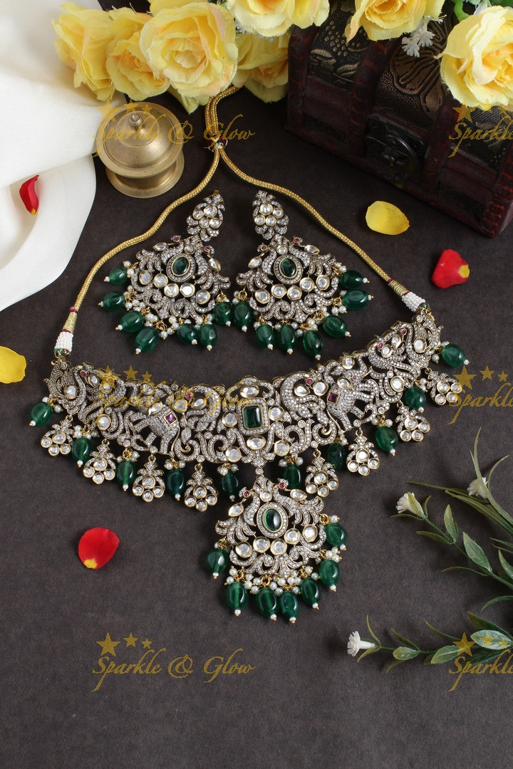 Beautiful Peacock elephant design Victorian AD choker with mint green beads and stones