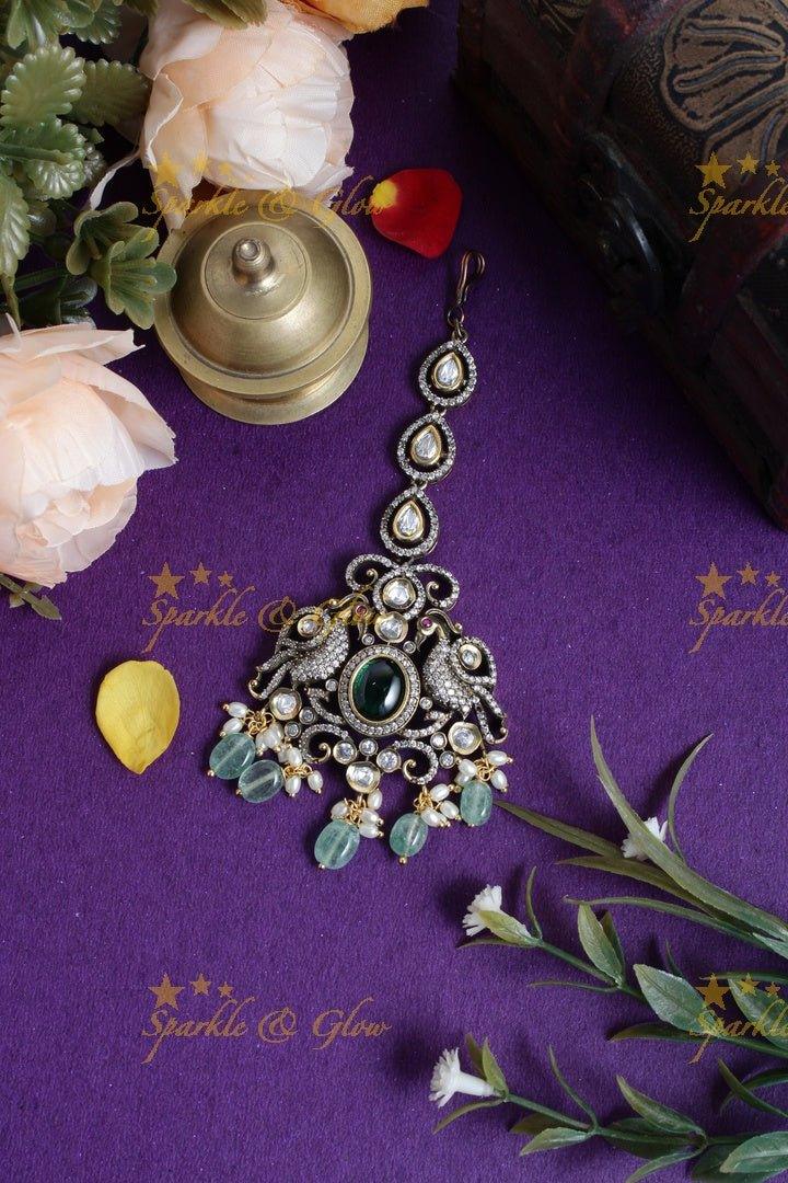 Peacock carved leaf branch victorian bead maang tikka - Sparkle and Glow