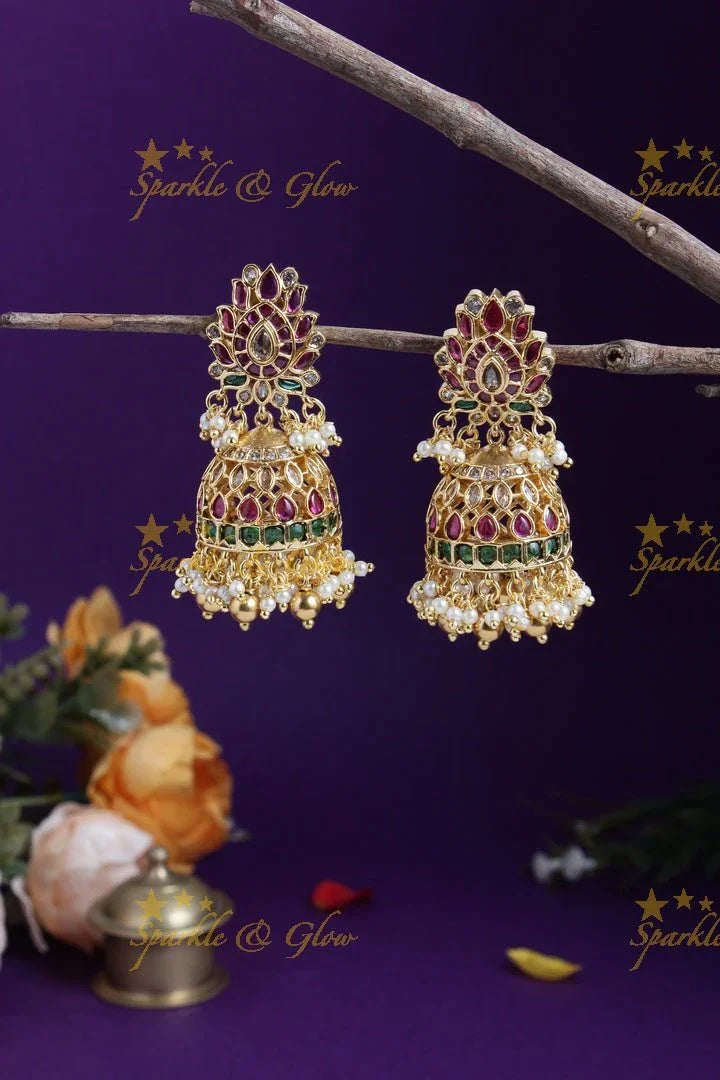 Premium Matt floral studded pearl jhumkas - Sparkle and Glow