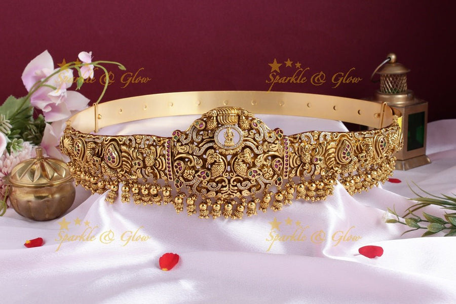 Exclusive peacock Lakshmi carved intricate design hipbelt - Sparkle and Glow - 