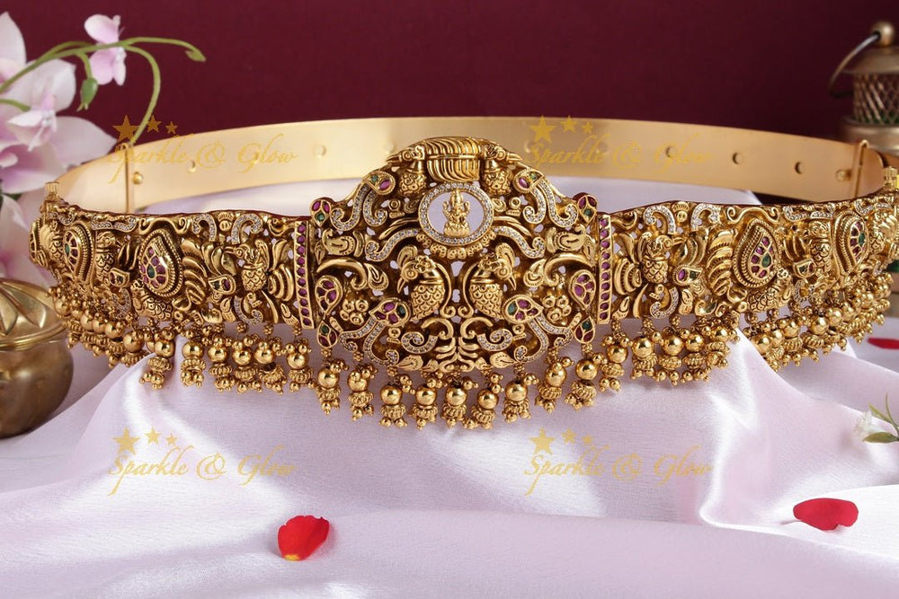 Exclusive peacock Lakshmi carved intricate design hipbelt - Sparkle and Glow - 