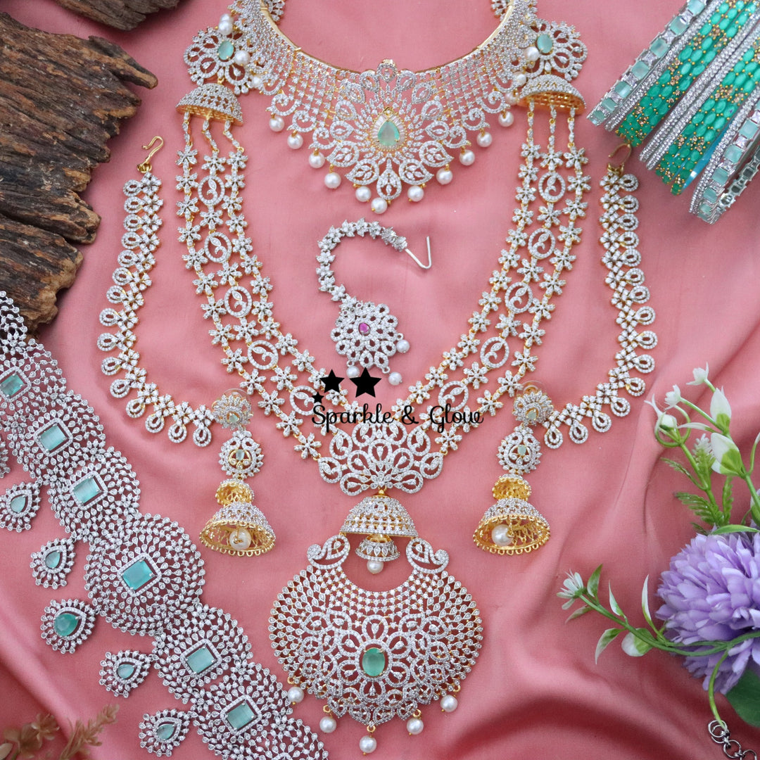 "Why spend lakhs when you can sparkle like a queen? 💎✨ This American Diamond Bridal Set is pure bridal luxury without the hefty price tag! 👰✨"
Wedding Season Sale Get 15% discount on sitewide
Get Free Gift Above 10k
Get Free Shipping above 7.5k &30k(Domestic&
International)
Get 7% discount on First Order
1 ID L-12407,C-19425,EC-30801,H-16085,M-23908
2.ID L-29831,C-2010,EC-20150,H-12928,M-23895
3. ID L-7902,C-19356,EC-30802,H-12936,M-23879
4. ID Set-12405,EC-27010,H-13380,M-9908
5.ID L-10089,C-26931,EC-  1