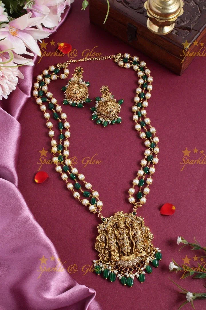 Gold alike bead necklace with Ram Sita carved pendent - Sparkle and Glow