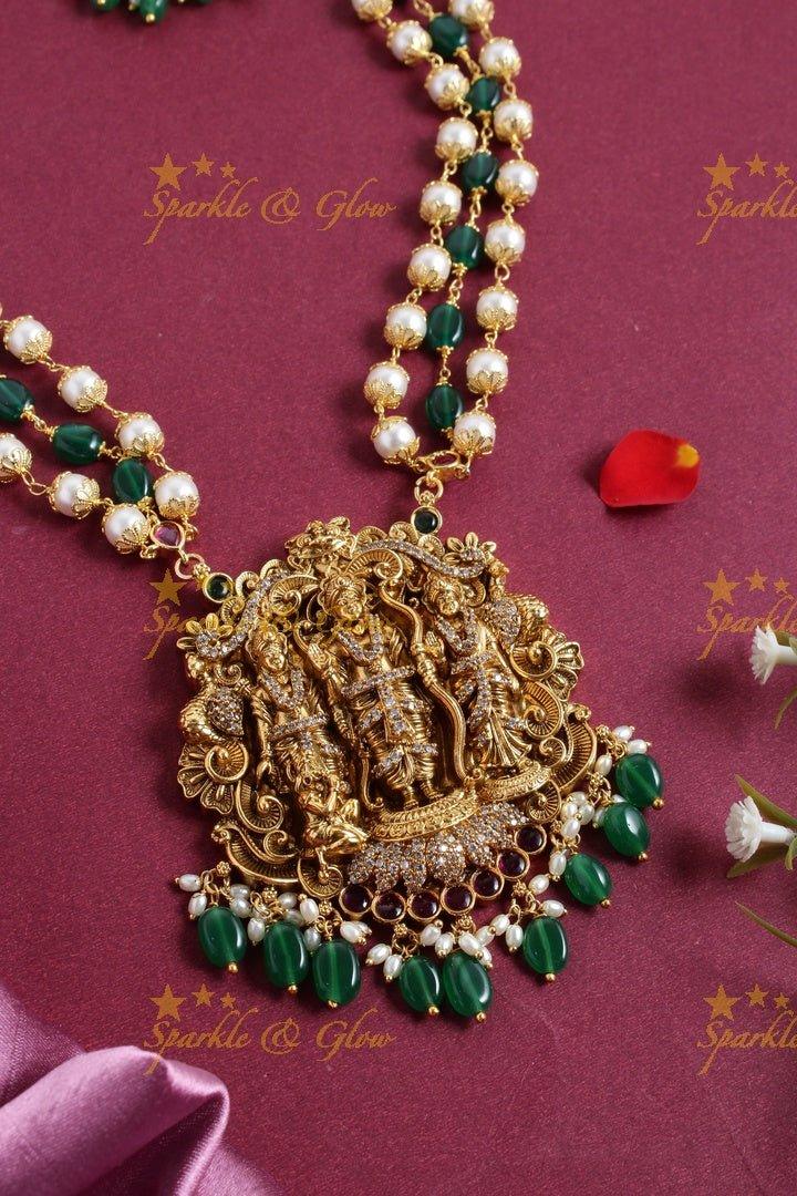 Gold alike bead necklace with Ram Sita carved pendent - Sparkle and Glow