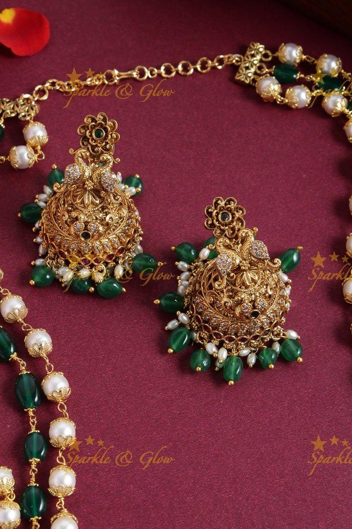 Gold alike bead necklace with Ram Sita carved pendent - Sparkle and Glow