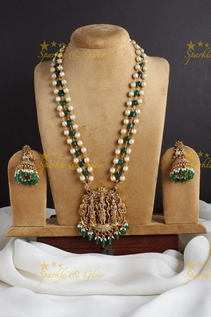 Gold alike bead necklace with Ram Sita carved pendent - Sparkle and Glow