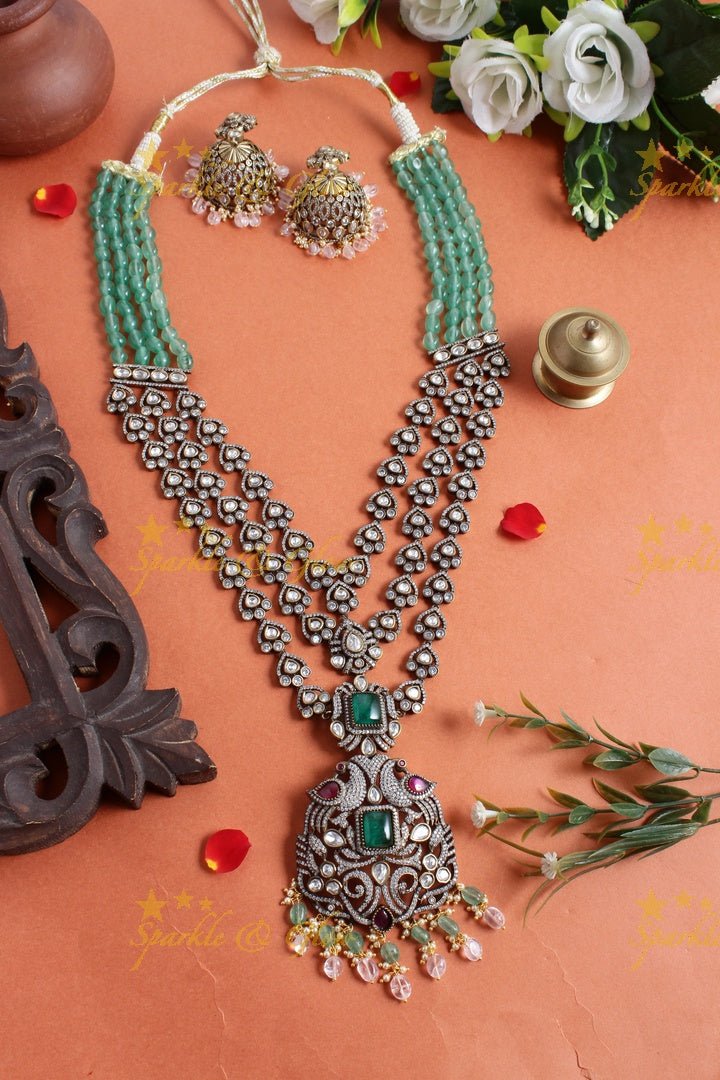 Beautiful long beads peacock carved victorian peacock pendent necklace - Sparkle and Glow - Green - Back Chain