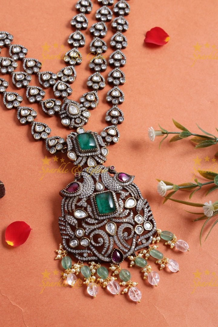 Beautiful long beads peacock carved victorian peacock pendent necklace - Sparkle and Glow - Green - Back Thread