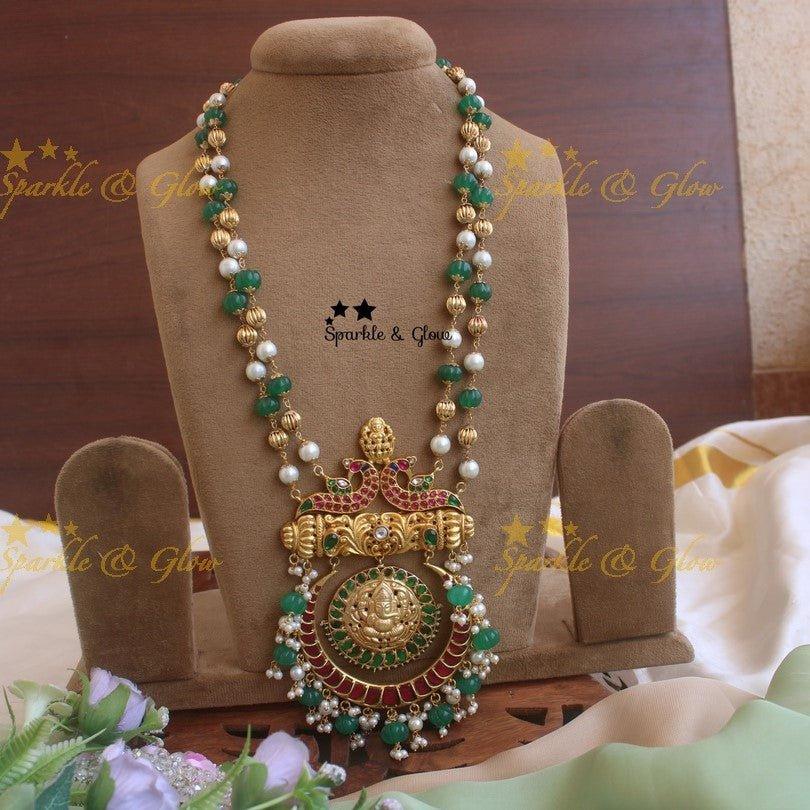 Gheru gold Jadau Ganesha Pendent pink pumpkin beads chain - Sparkle and Glow
