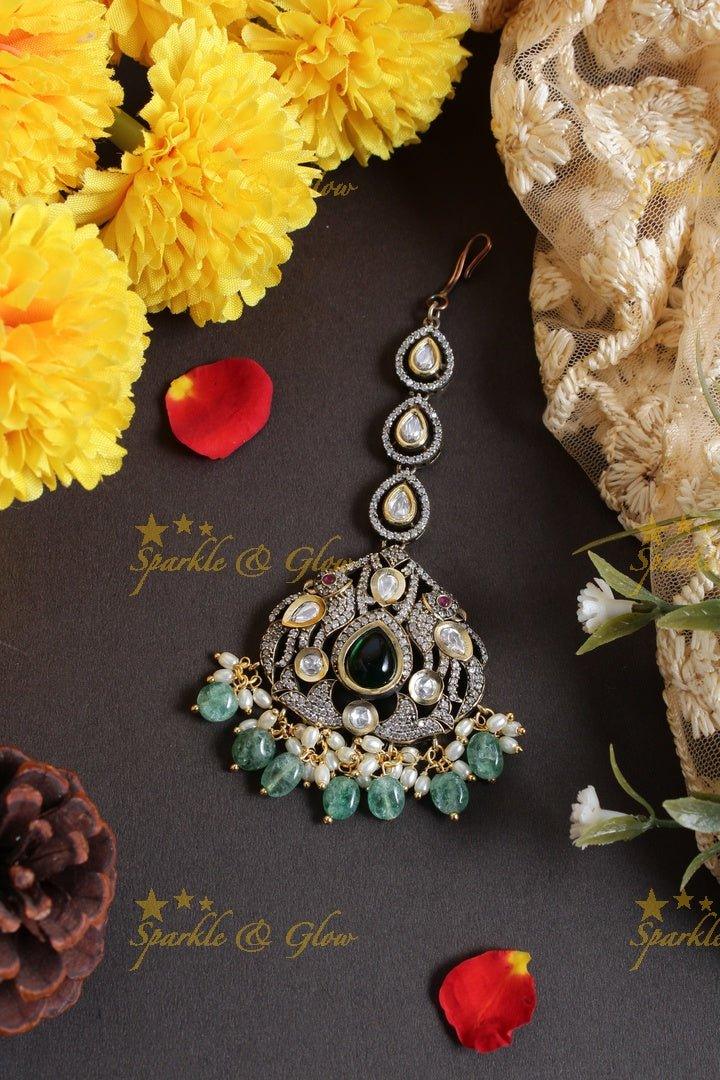Oval design peacock carved victorian green beads maang tikka - Sparkle and Glow