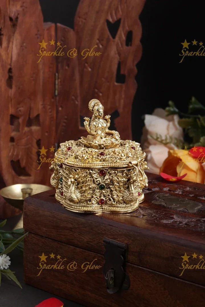 Gold alike Lakshmi peacock carved kumkum box - Sparkle and Glow