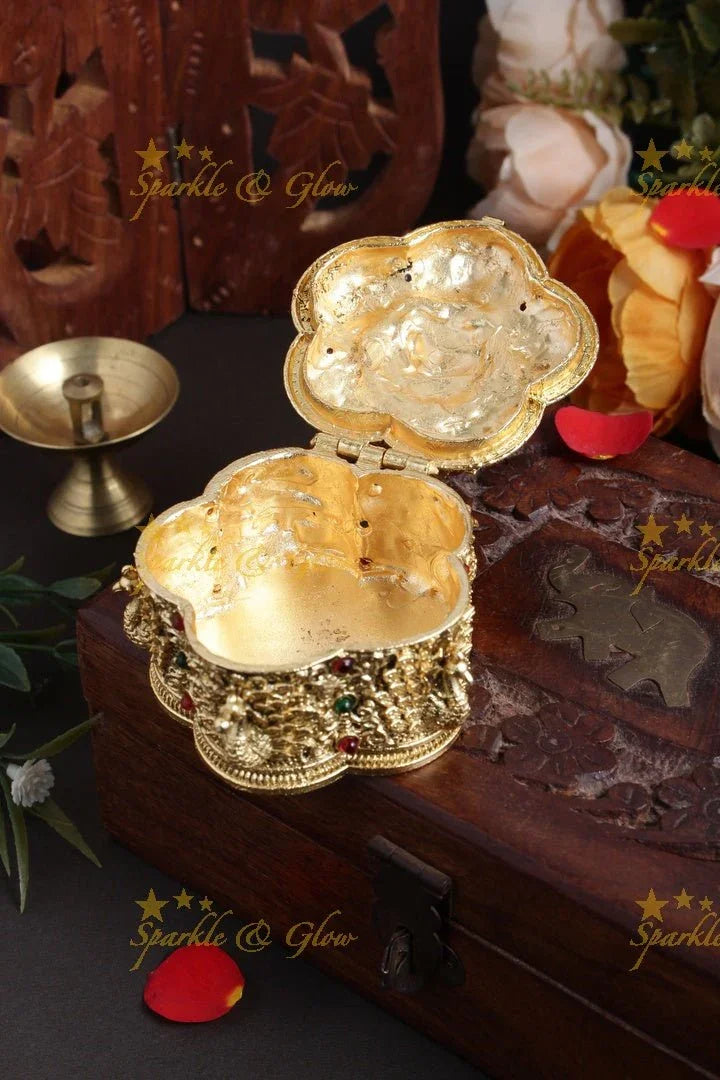 Gold alike Lakshmi peacock carved kumkum box - Sparkle and Glow