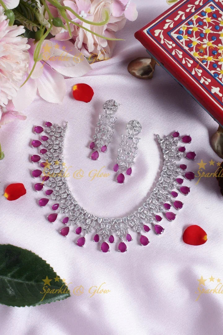 Silver finish leaf branch AD necklace - Pink - Sparkle and Glow