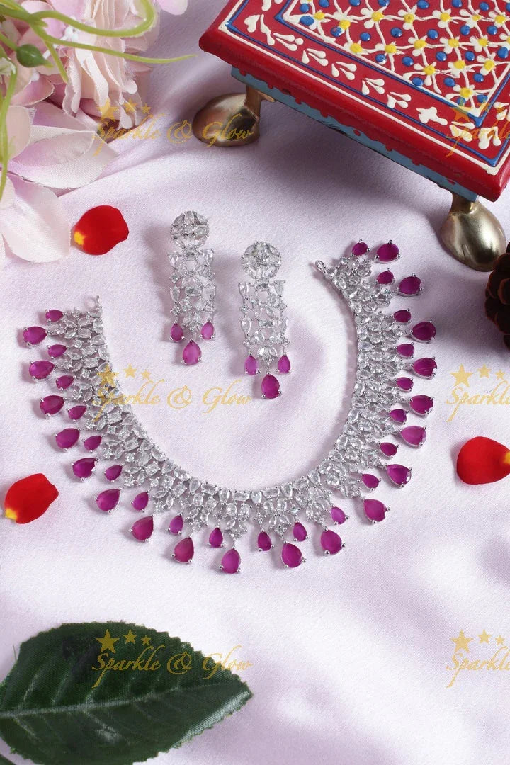 Silver finish leaf branch AD necklace - Pink - Sparkle and Glow
