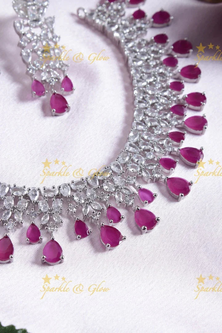 Silver finish leaf branch AD necklace - Pink - Sparkle and Glow
