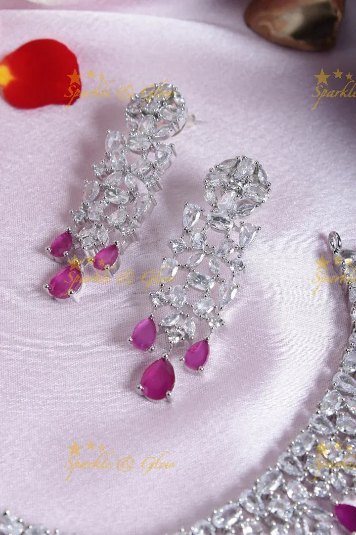 Silver finish leaf branch AD necklace - Pink - Sparkle and Glow