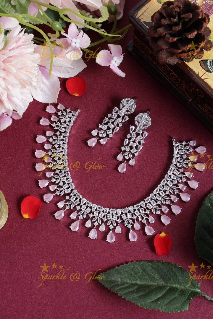 Silver finish leaf branch AD necklace - Light Pink